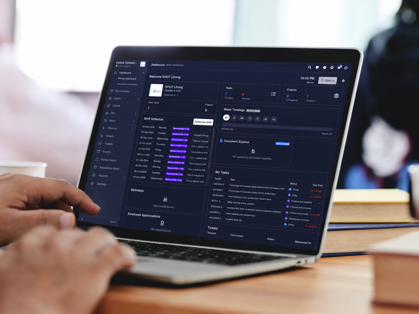 Business team collaborating around a software dashboard